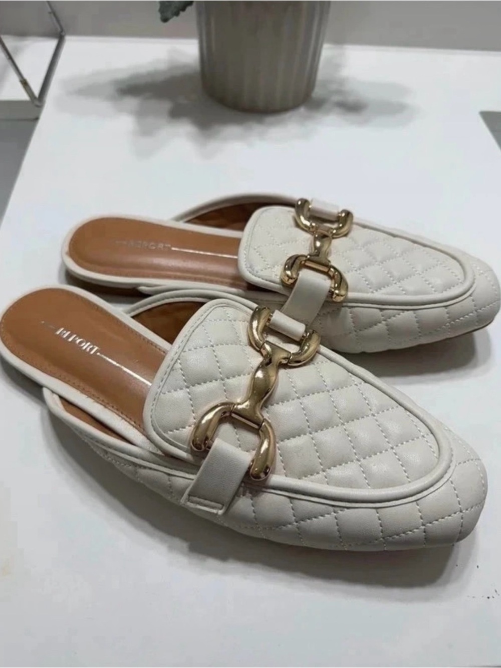 Report White Quilted Slip-On Mules with Gold Chain